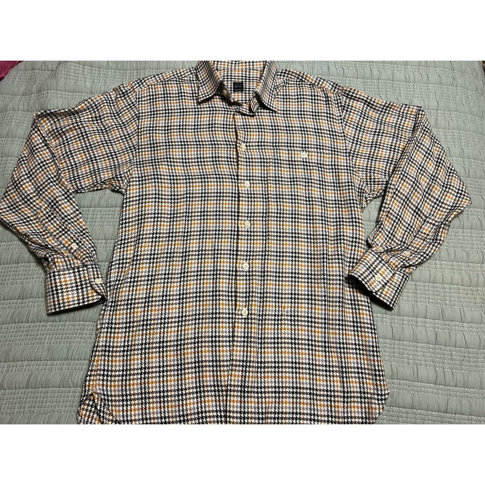 VTG Ike Behar New York 100% Cotton Houndstooth Orange Black Green Dress Shirt M